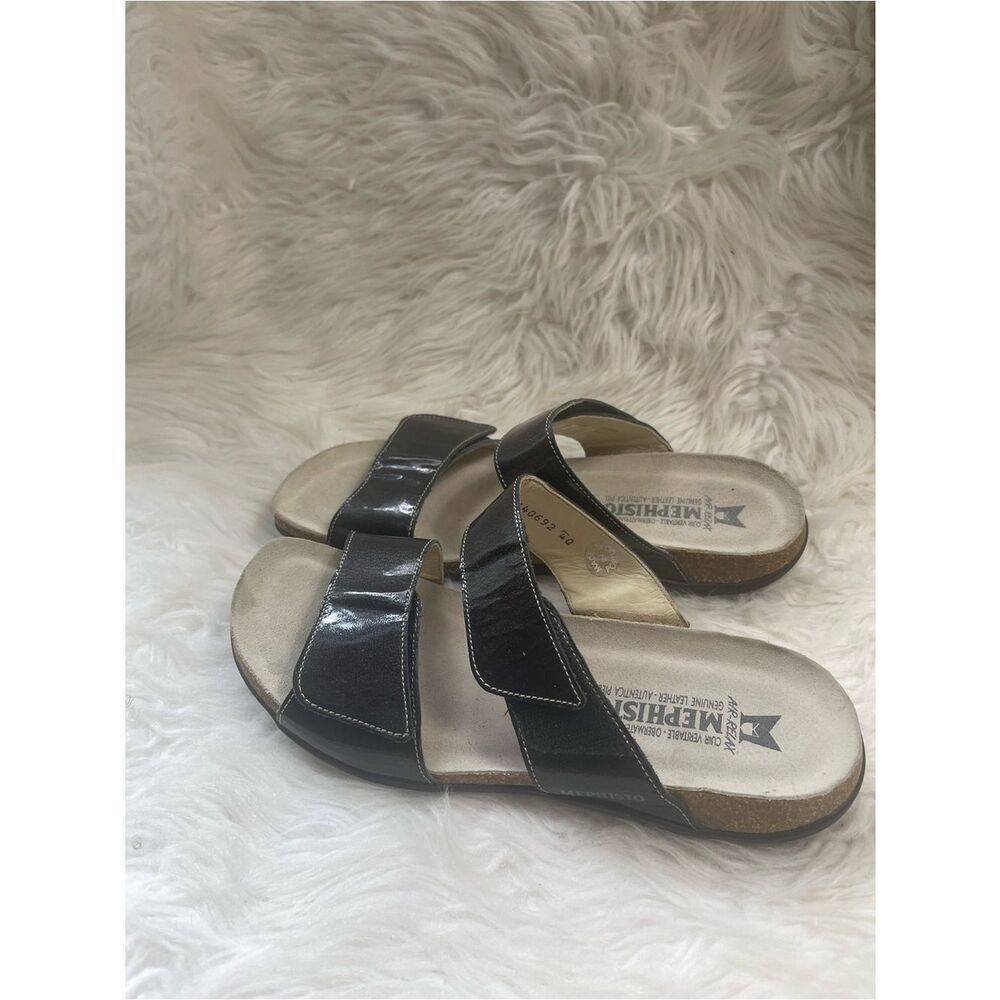 Mephisto Women’s Black Patent Two-Strap  closure Slide Sandals EUR SZ40